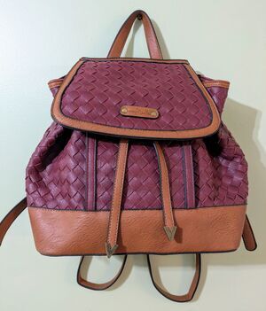 Simply Noelle Large Red/Brown Woven Backpack Purse Beautiful Heavy Leather!